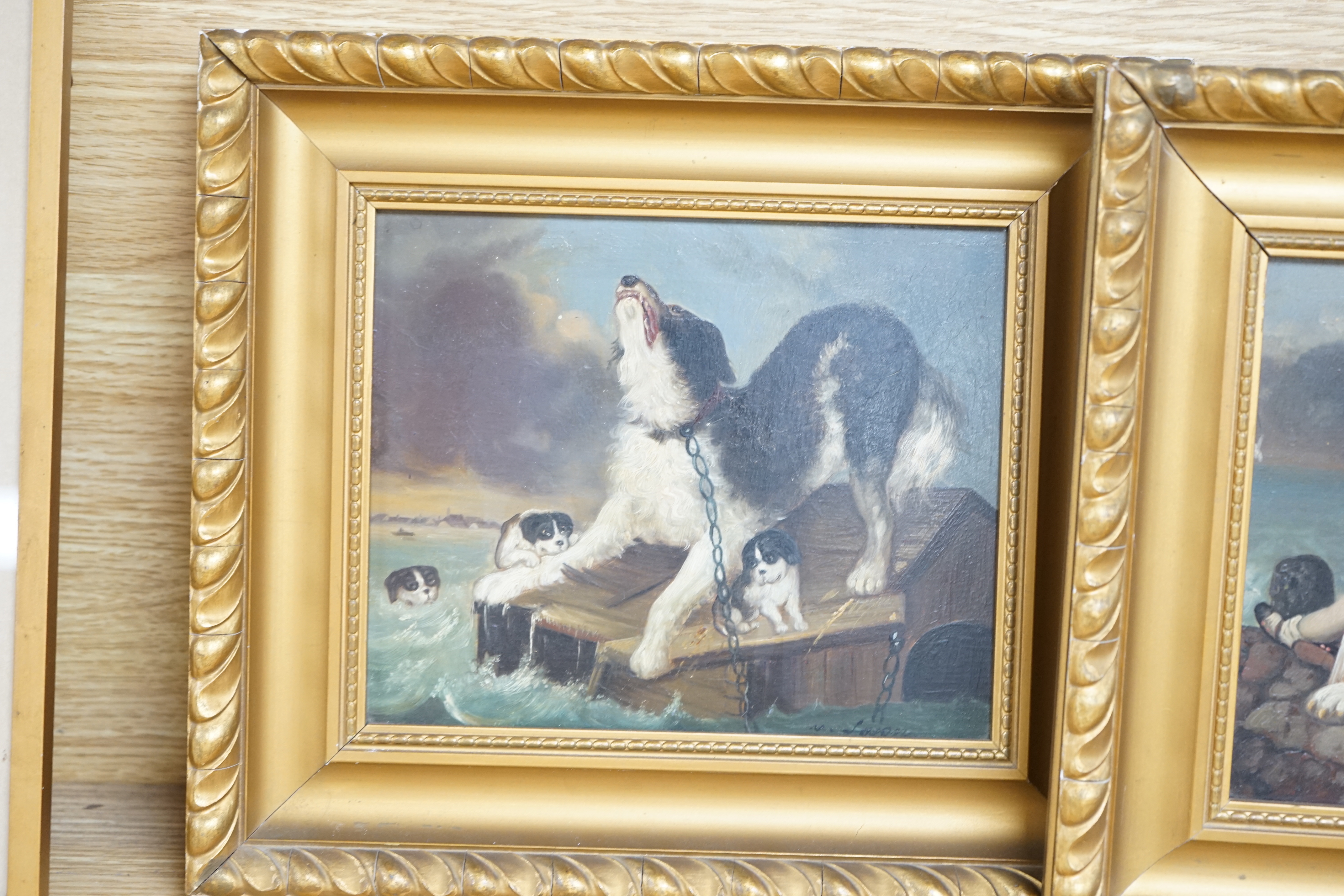 After Edwin Landseer (1802-1873), pair of oils on board, Border Collie with child and dogs in peril, each signed M Lason, 15 x 19cm